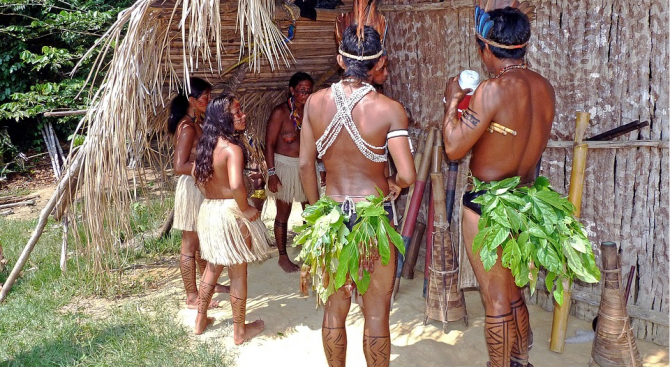 Членове на бразилското туземно племе мура боядисаха телата си с